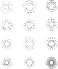 Vintage sunburst set. Bursting rays sunrise firework starburst blast, Radiant Spark. Rays. Geometric Design Elements. Retro radiant sunburst, starburst hand drawn label, sun rays. Vector