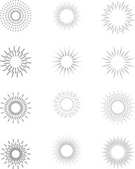 Vintage sunburst set. Bursting rays sunrise firework starburst blast, Radiant Spark. Rays. Geometric Design Elements. Retro radiant sunburst, starburst hand drawn label, sun rays. Vector