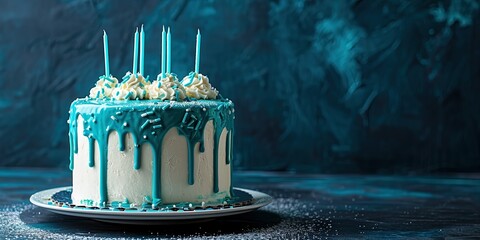 Sweet beautifully decorated cake with candles, birthday party, background, wallpaper.