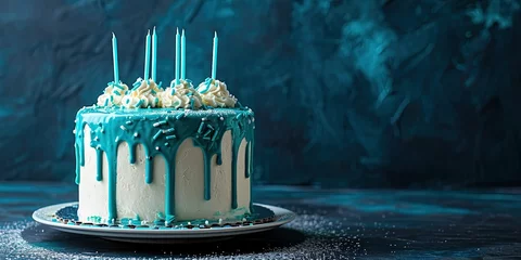 Fotobehang Sweet beautifully decorated cake with candles, birthday party, background, wallpaper. © Людмила