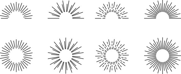 Vintage sunburst set. Bursting rays sunrise firework starburst blast, Radiant Spark. Rays. Geometric Design Elements. Retro radiant sunburst, starburst hand drawn label, sun rays. Vector - obrazy, fototapety, plakaty