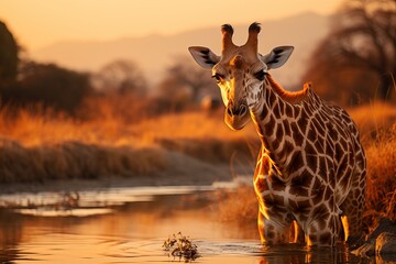 A young beautiful giraffe stands in an African lake.