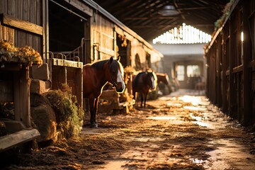 An old stable with horses, a cozy country stable. - obrazy, fototapety, plakaty