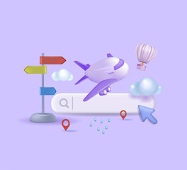 The search bar. Booking air tickets online for a plane.
 Tourism and travel, holidays abroad. 3d vector.

