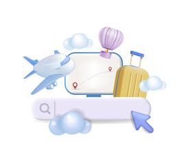 The search bar. Booking air tickets online for a plane.
 Tourism and travel, holidays abroad. 3d vector.

