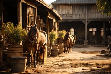 An old stable with horses, a cozy country stable. - obrazy, fototapety, plakaty