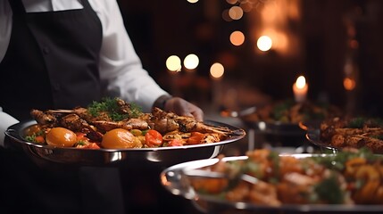 Naklejka na ściany i meble Cuisine Culinary Buffet Dinner Catering Dining Food Celebration Party Concept. Catering food with chef in the background. 