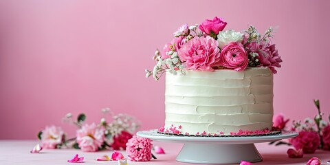 Beautiful cake decorated with fresh flowers, wedding cake,birthday cake .