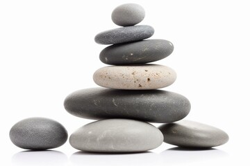 Fototapeta na wymiar Smooth grey stones balanced in a stack with sea pebbles, isolated on white background. Generative AI