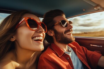 Very happy love couple travel in car