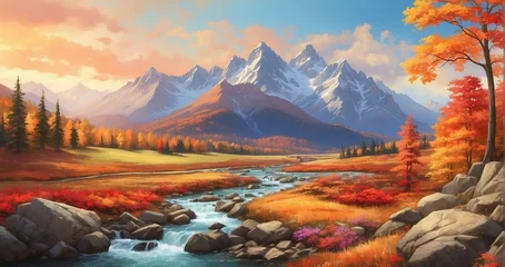 Fotobehang An image of a mountain valley ablaze with the colors of autumn, with vibrant foliage, winding trails, and a clear mountain stream meandering through the landscape - Generative AI © Everything is here