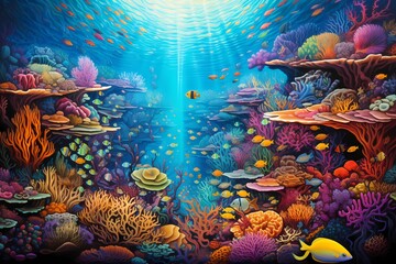 A colorful coral reef bustling with diverse marine life, vibrant fish weaving through the coral.