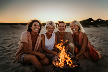 The concept of friendship, happiness, summer holidays, holidays and people is a group of smiling middle-aged womans sitting around a campfire on the beach.