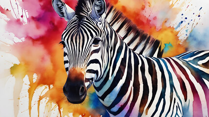 Watercolor zebra head with color splashes on white background 