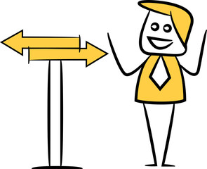 Businessman and Direction Signpost
