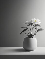 Light and shadow of flowers in a vase on a gray background.
