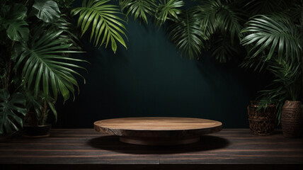 Empty round wooden table and tropical leaves on dark background. For product display. High quality...