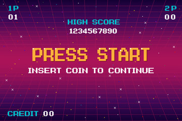 PRESS START INSERT A COIN TO CONTINUE. pixel art .8 bit game. retro game. for game assets in vector illustrations.