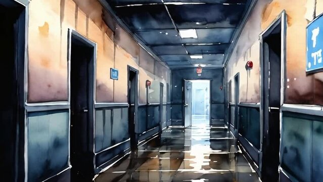 Scary old corridor. Horror background. Seamless loop. AI generated	