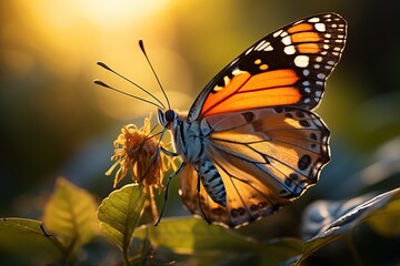 Fototapeta na wymiar Mahon butterfly close-up, sunlight beautifully illuminates the butterfly's wings.