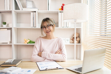 Young woman sitting at computer desk working, Smiling young man ready for work at the start of the week, Work for home.