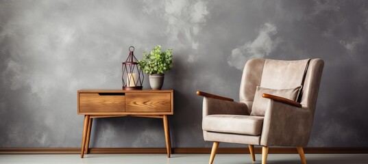 Scandinavian living room with stylish sofa, chair, and bookshelf against cracked pepper walls.