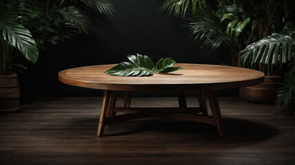 Empty round wooden table and tropical leaves on dark background. For product display. High quality photo
