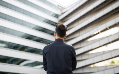 Unrecognizable young businessman stands with his back to camera outdoor