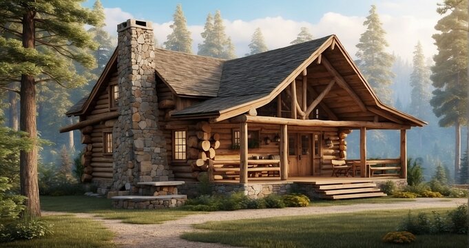 An image of a rustic log cabin tucked away in a forest clearing, with a cozy fireplace, wrap around porch, and a backdrop of towering trees - Generative AI
