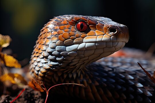 Red snake on a branch, close up of the snake