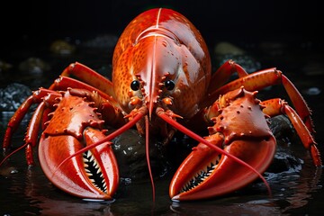 Cooked lobster on black background, front view