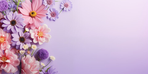 Fototapeta na wymiar Beautiful flowers on lilac background. Card for Easter, Women's Day, Mother's Day, Valentine's Day with a place for text.