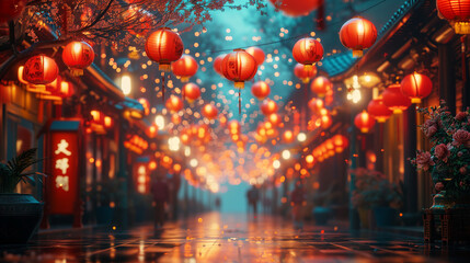 Obraz na płótnie Canvas Chinatown lantern hanging at small street, 3d rendering illustration background for happy chinese new year 2024 the dragon zodiac sign with red and gold color, flower, lantern, and asian elements.
