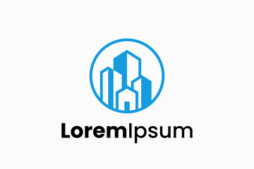 building on circle blue Vector Logo Premium
