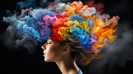 Colorful brain explosion representing cognitive overload, creativity, and mental health awareness. - obrazy, fototapety, plakaty