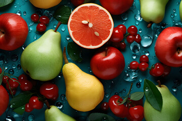 Various types of fruit on the table look fresh and ice refreshing, such as oranges, pears, and Apple, berries.