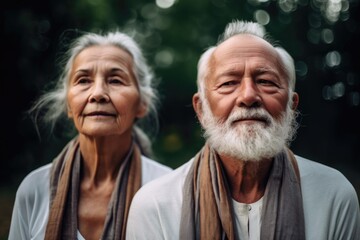 portrait of a senior couple in yoga postures together - obrazy, fototapety, plakaty