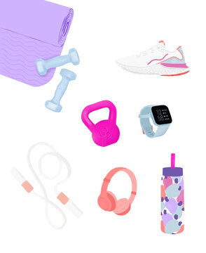 FITNESS, ACADEMIA, ESPORTE, tropical, PNG, natural, ver&atilde;o, yoga, esportivo, sa&uacute;de, medita&ccedil;&atilde;o, autocuidado, estilo de vida, ilustra&ccedil;&atilde;o, halter, rel&oacute;gio, fone, garrafa, tapete, peso, corda, t&ecirc;nis, moda