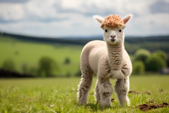 A fluffy baby alpaca with large, soulful eyes in a green field.