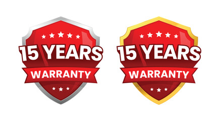 15 years warranty label, logo, icon badge. minimalist shiny red gold silver shield. Vector design