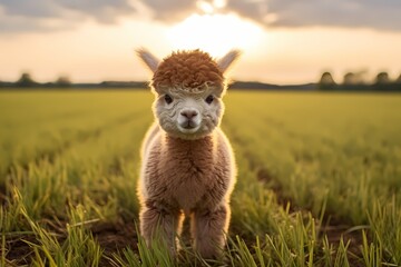 A fluffy baby alpaca with large, soulful eyes in a green field. - obrazy, fototapety, plakaty