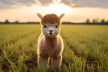 Zelfklevend Fotobehang A fluffy baby alpaca with large, soulful eyes in a green field. © Animals