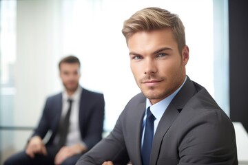 portrait of a young businessman sitting in an office with his colleagues in the background