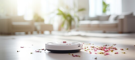 Smart home robot vacuum cleaner in modern white living room interior for automated cleaning. - obrazy, fototapety, plakaty
