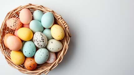 Colorful pastel eggs in bamboo basket on light background, copy space. Easter holiday