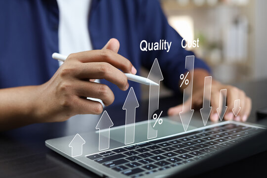 Business strategy success Cost and quality control for effective management Achieving goals, Businessman analyzing growth graph and cost reduction, Success business growth for long-term investments.