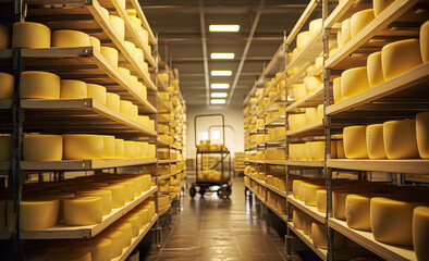 A large production room filled with many racks and shelves with different types of cheese.