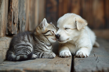 Heartwarming puppy lovingly kissing a kitten.Dog kiss cat.Pet lover, Friend forever valentine theme