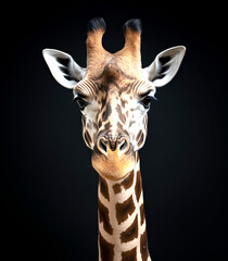 Obraz premium Jirafa salvaje animal africano en vida silvestre con cuello grande y fondo negro. Mamífero africano aislado. Sin gente 