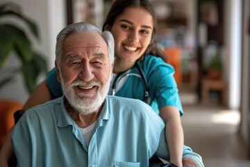 Smiling senior man in wheelchair pushed by caregiver at nursing home